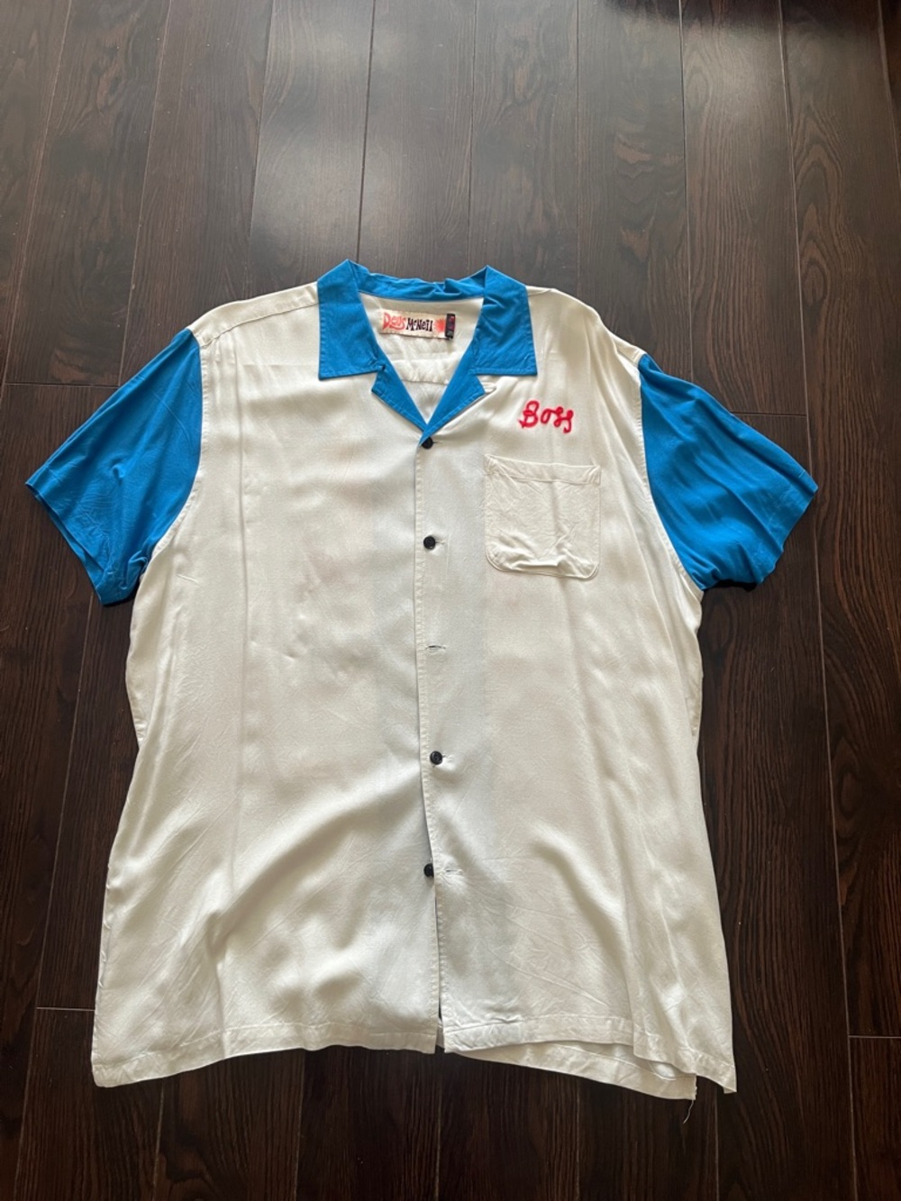 Deus Ex Machina Men's Casual Button-Down Bowling Shirt - White with Blue Accents